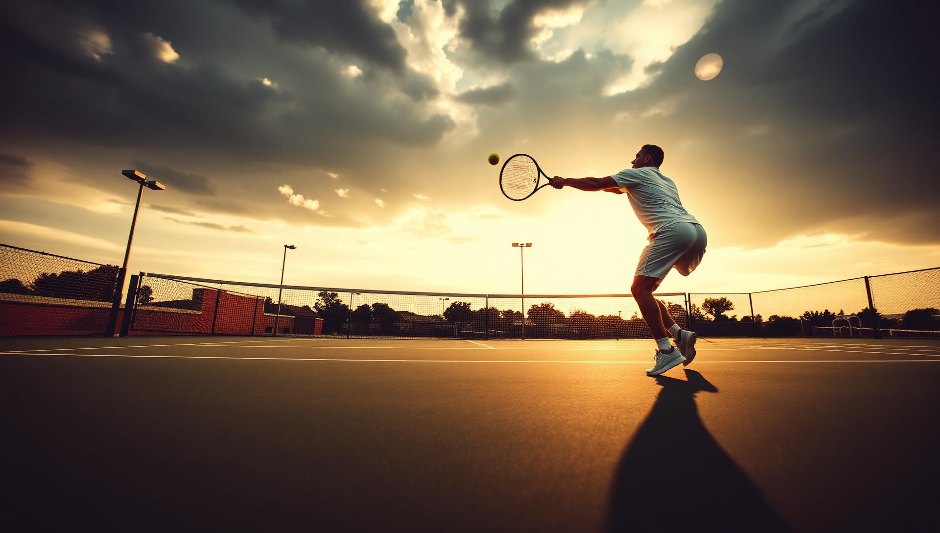 Tennis player mid-serve on an outdoor court at golden hour